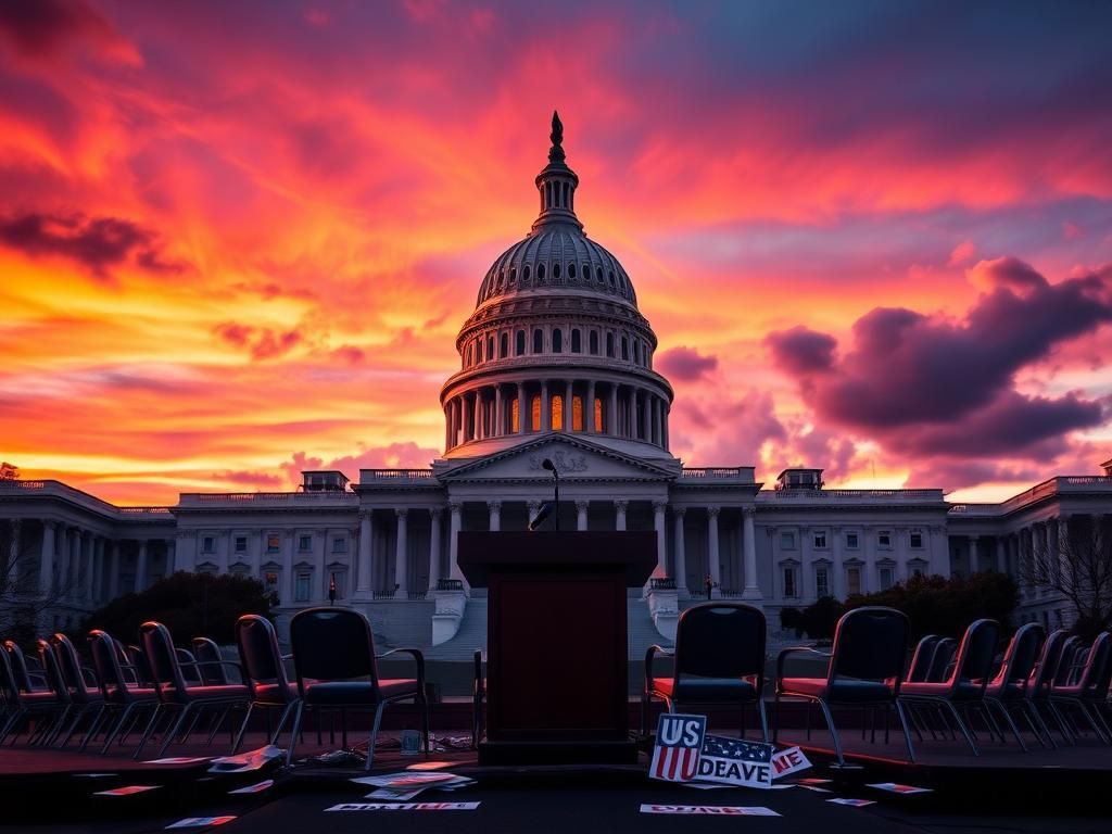 Flick International Dramatic sunset over the U.S. Capitol building with a debate stage in the foreground