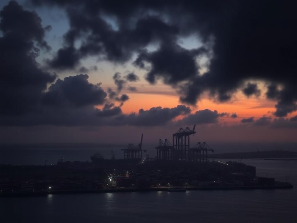 Flick International Aerial view of Hodeidah port city at dusk displaying ominous clouds and silhouette of port infrastructure