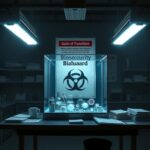Flick International A somber laboratory setting with biohazard containment box and vials of microbes