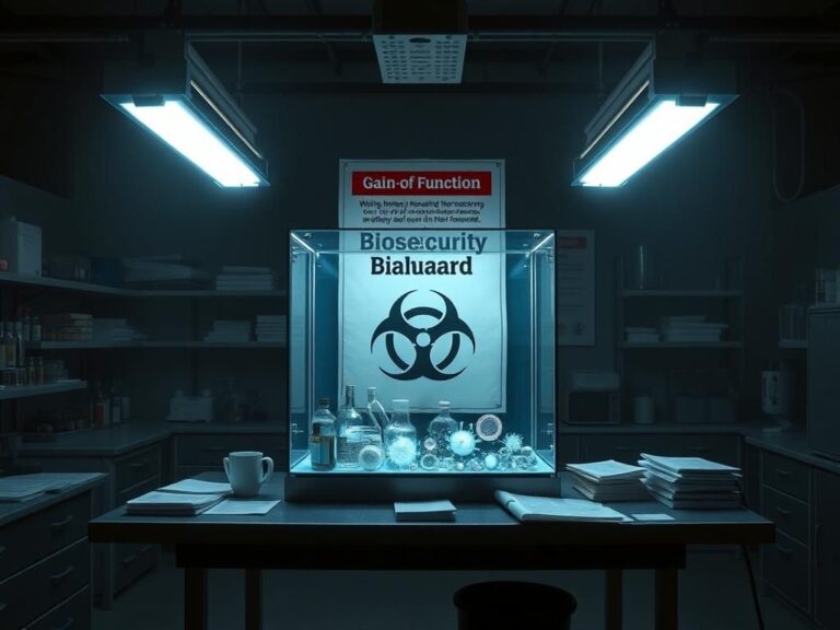 Flick International A somber laboratory setting with biohazard containment box and vials of microbes