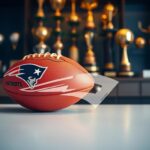 Flick International Close-up view of vintage sports memorabilia including a worn Boston Patriots football and a luxurious championship ring
