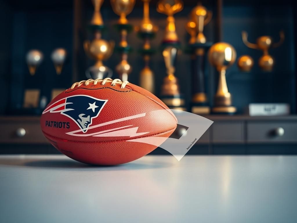 Flick International Close-up view of vintage sports memorabilia including a worn Boston Patriots football and a luxurious championship ring