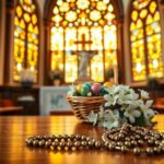 Flick International Serene chapel interior with stained glass windows and an Easter basket