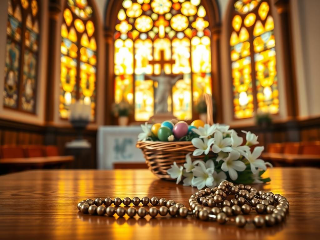 Flick International Serene chapel interior with stained glass windows and an Easter basket