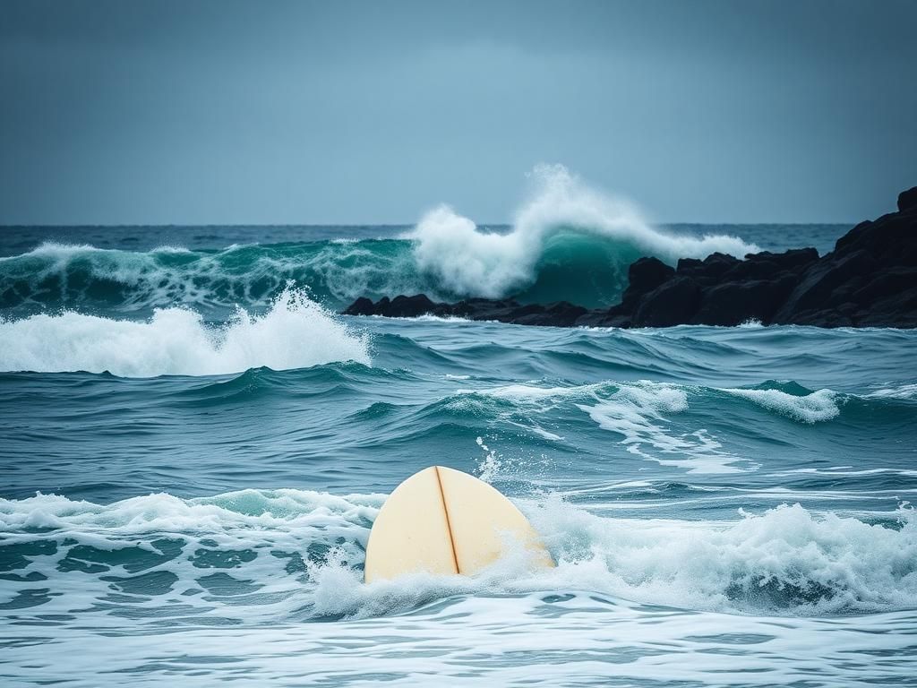 Flick International Tumultuous ocean waves crashing against rocks with a surfboard in the foreground
