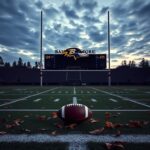 Flick International A deserted football field at dusk with the Baltimore Ravens logo, representing the release of Justin Tucker amidst misconduct allegations