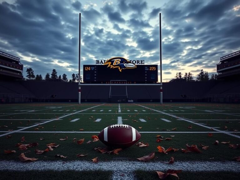 Flick International A deserted football field at dusk with the Baltimore Ravens logo, representing the release of Justin Tucker amidst misconduct allegations
