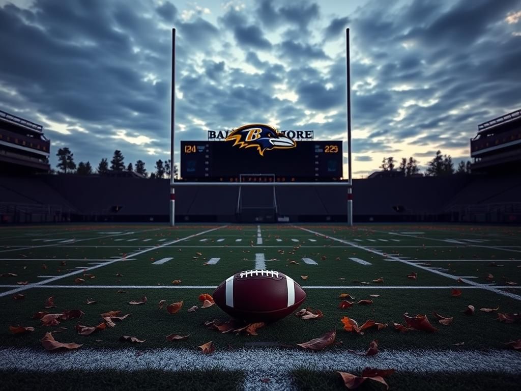 Flick International A deserted football field at dusk with the Baltimore Ravens logo, representing the release of Justin Tucker amidst misconduct allegations