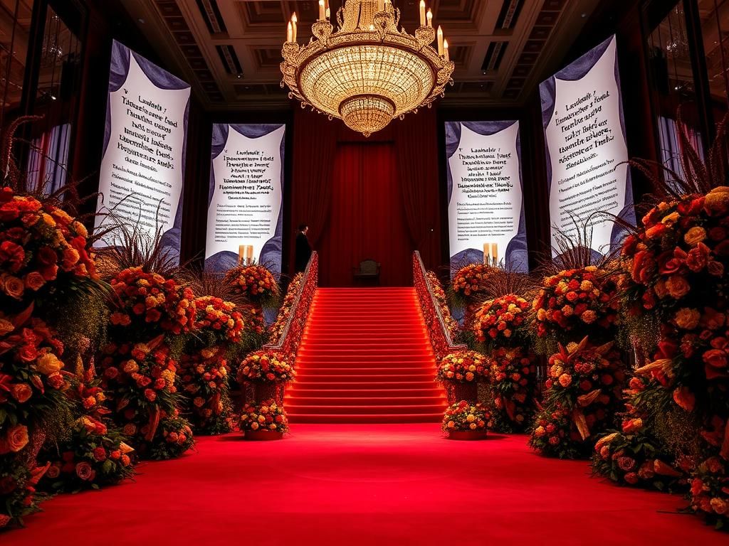 Flick International Lavishly decorated Met Gala venue with vibrant floral arrangements and a luxurious red carpet