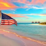 Flick International Coastal landscape of the Gulf of Mexico, now known as the Gulf of America, with calm turquoise waters and a vintage American flag