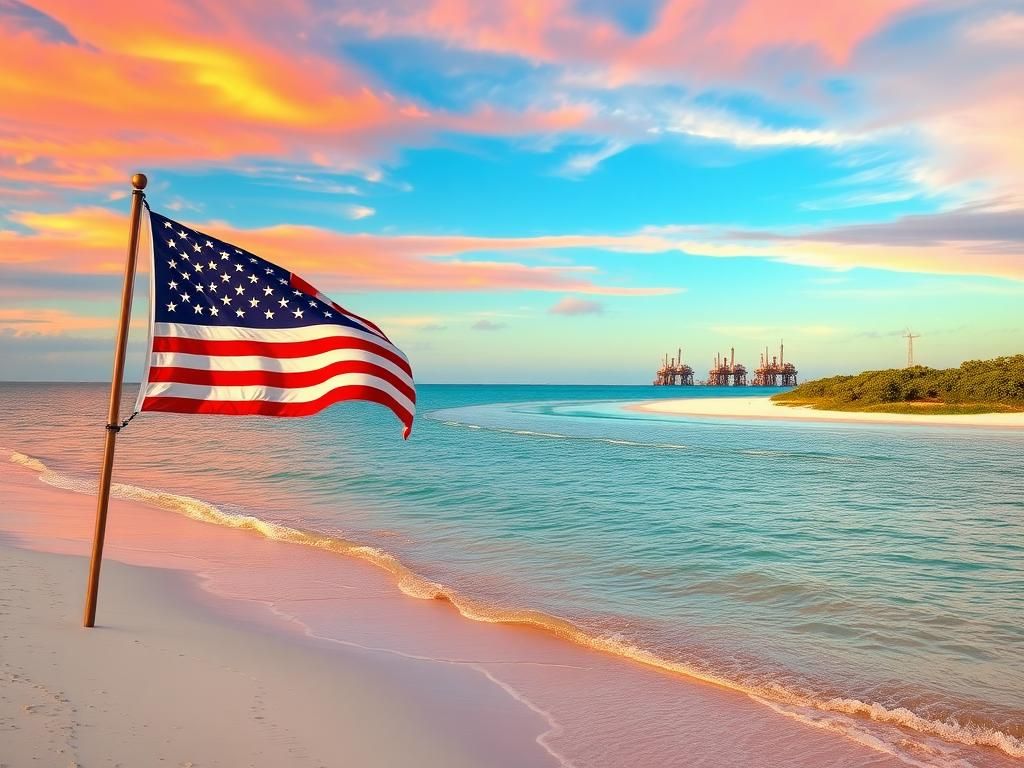 Flick International Coastal landscape of the Gulf of Mexico, now known as the Gulf of America, with calm turquoise waters and a vintage American flag
