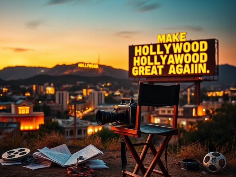 Flick International A classic film camera on a director's chair with Hollywood skyline at dusk