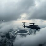 Flick International A Black Hawk helicopter mid-air near the Pentagon under a cloudy sky