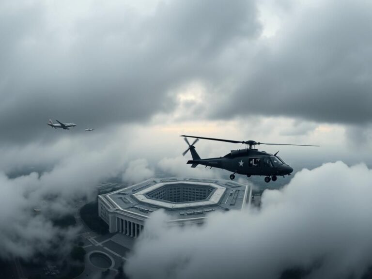 Flick International A Black Hawk helicopter mid-air near the Pentagon under a cloudy sky