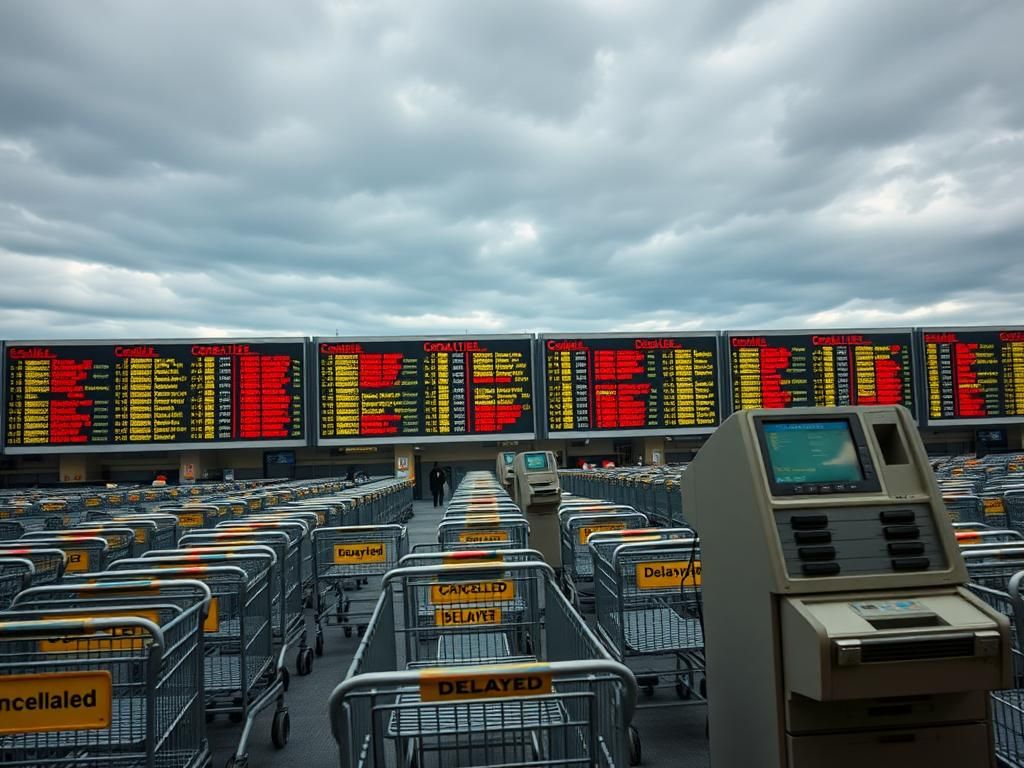 Flick International Chaotic scene at Newark Liberty International Airport with numerous flight cancellations and delays.