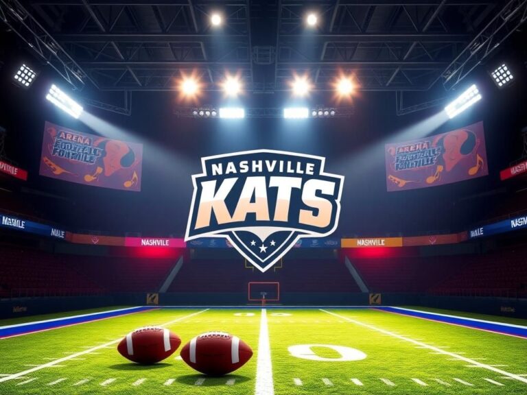 Flick International Indoor football arena featuring the Nashville Kats' logo with game equipment and vibrant atmosphere