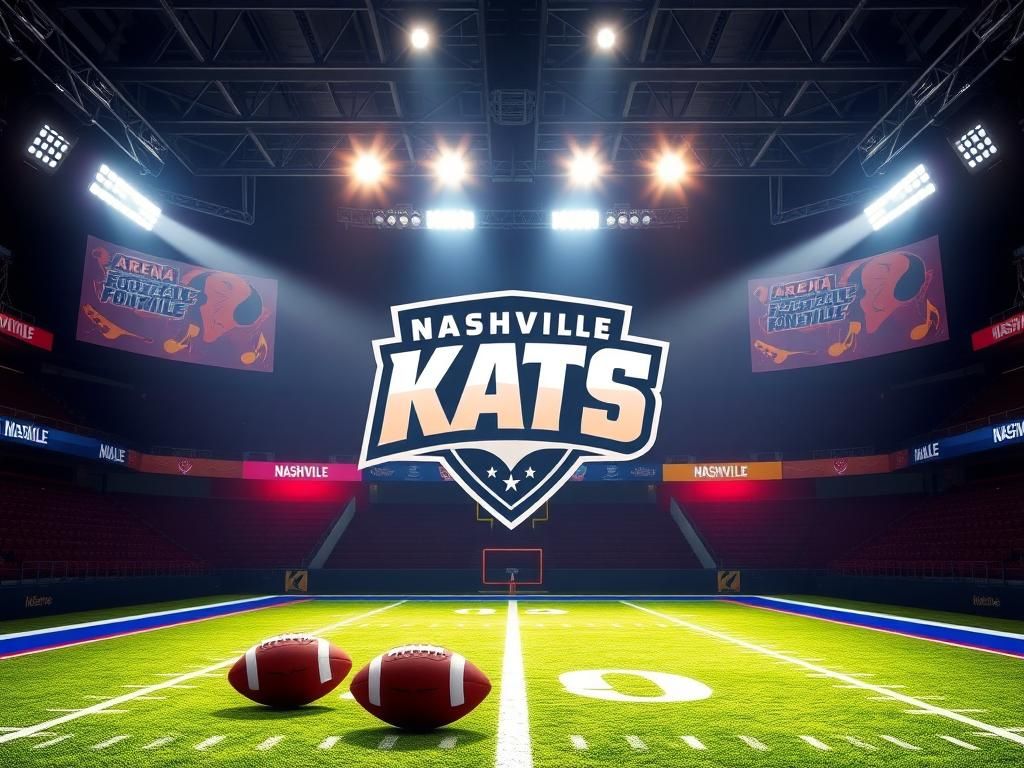 Flick International Indoor football arena featuring the Nashville Kats' logo with game equipment and vibrant atmosphere