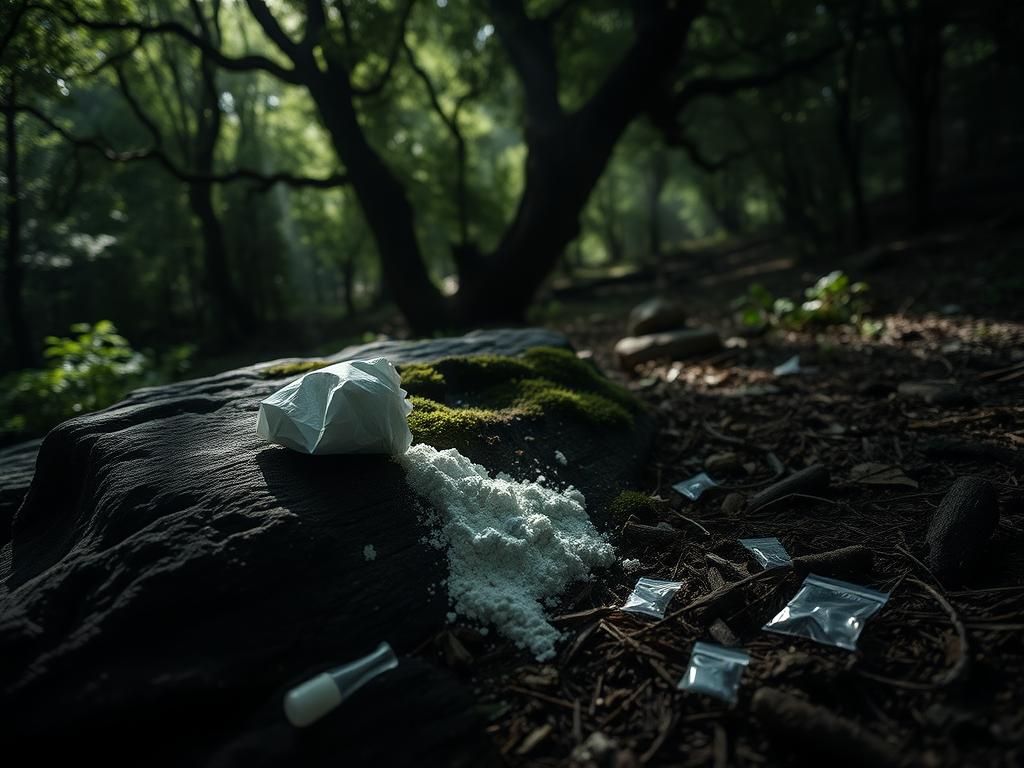 Flick International Crumpled bag of white powder on moss-covered rock in South Mountains State Park