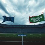 Flick International Dramatic college football stadium under a stormy sky symbolizing tension in sports governance