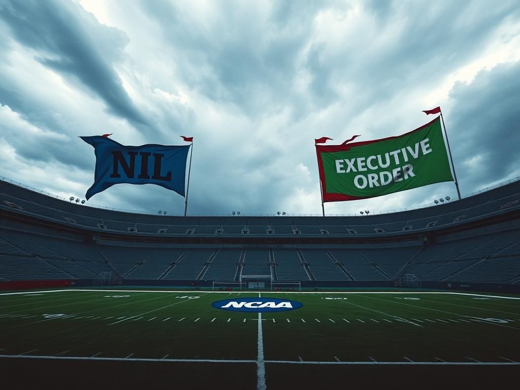 Flick International Dramatic college football stadium under a stormy sky symbolizing tension in sports governance