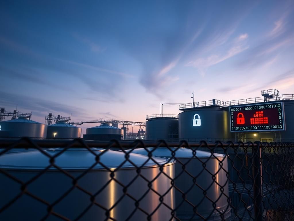 Flick International Close-up view of a modern water treatment facility showcasing security measures against cyber threats