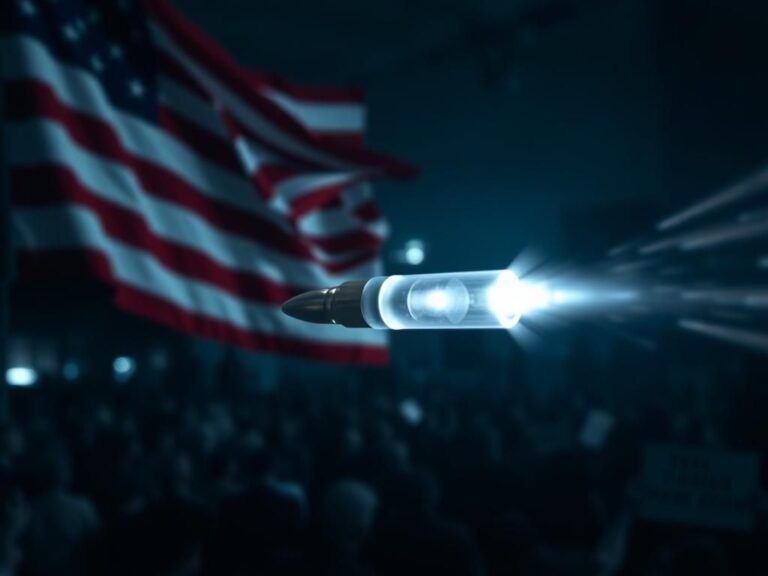 Flick International Blurred political rally backdrop with a glowing bullet speeding by