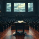 Flick International Abandoned congressional chamber with unoccupied seats and cluttered podium