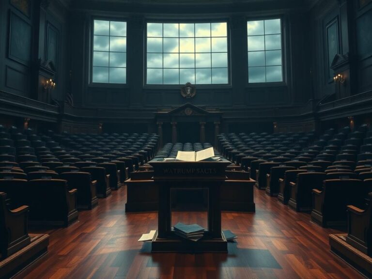 Flick International Abandoned congressional chamber with unoccupied seats and cluttered podium