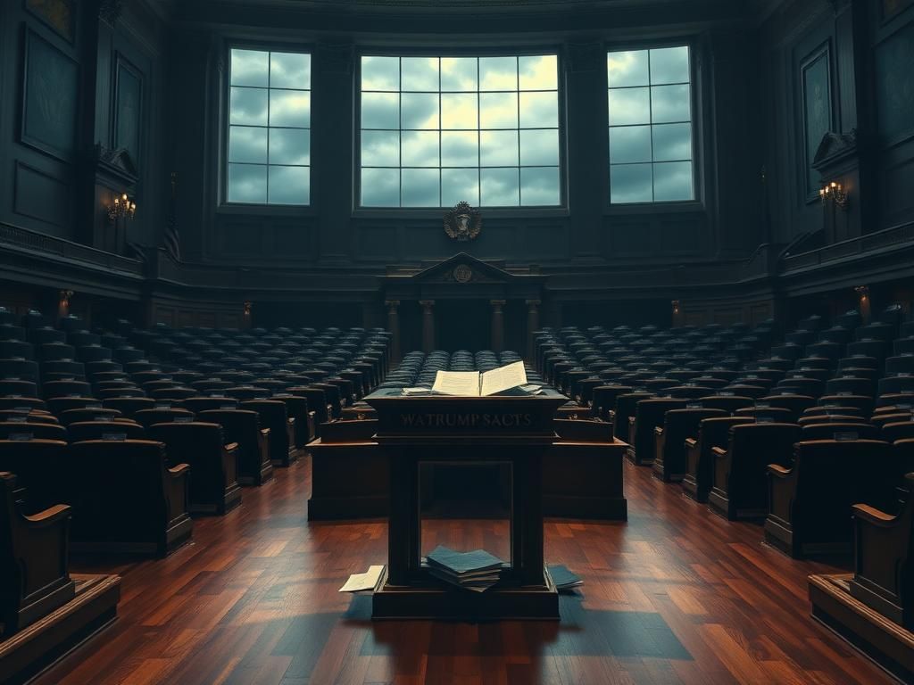 Flick International Abandoned congressional chamber with unoccupied seats and cluttered podium