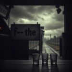 Flick International Dimly lit bar scene with antisemitic sign and blurry Auschwitz gate in background