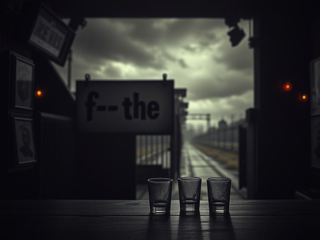 Flick International Dimly lit bar scene with antisemitic sign and blurry Auschwitz gate in background