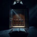 Flick International Dimly lit church interior with open confession booth and closed Bible