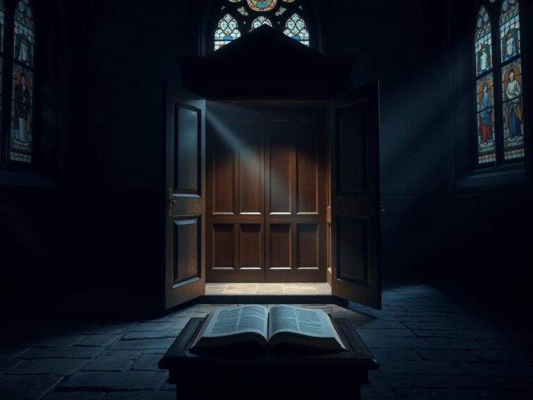 Flick International Dimly lit church interior with open confession booth and closed Bible