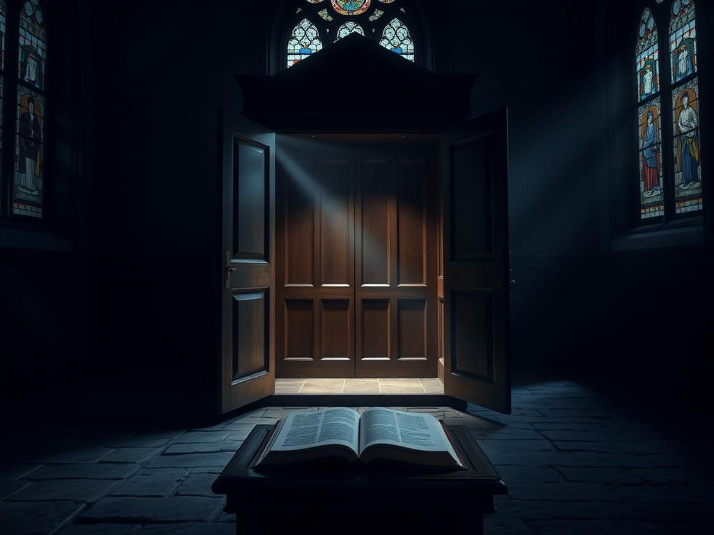 Flick International Dimly lit church interior with open confession booth and closed Bible
