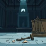 Flick International Somber courtroom scene with empty judge's bench and shattered scale of justice