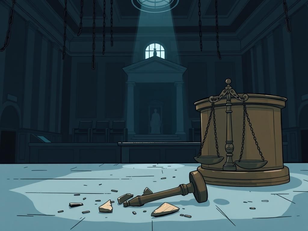 Flick International Somber courtroom scene with empty judge's bench and shattered scale of justice