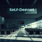 Flick International A deserted airport terminal symbolizing self-deportation with unoccupied chairs and flight announcements.