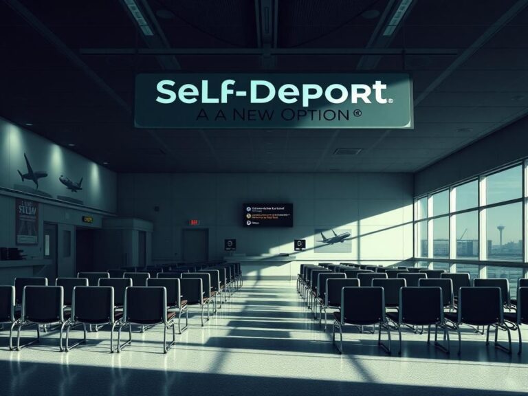 Flick International A deserted airport terminal symbolizing self-deportation with unoccupied chairs and flight announcements.