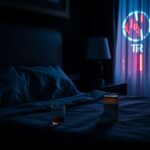 Flick International Dimly lit hotel room scene with a made bed and unsettling ambiance