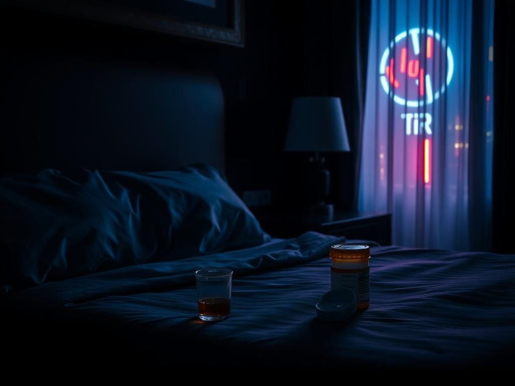 Flick International Dimly lit hotel room scene with a made bed and unsettling ambiance