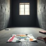 Flick International Empty prison cell symbolizing confinement with a torn children's drawing representing innocence lost