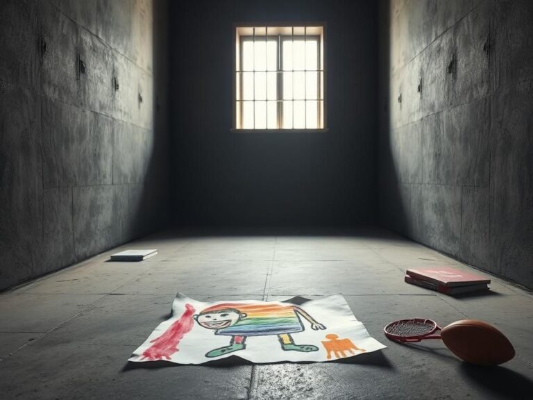 Flick International Empty prison cell symbolizing confinement with a torn children's drawing representing innocence lost