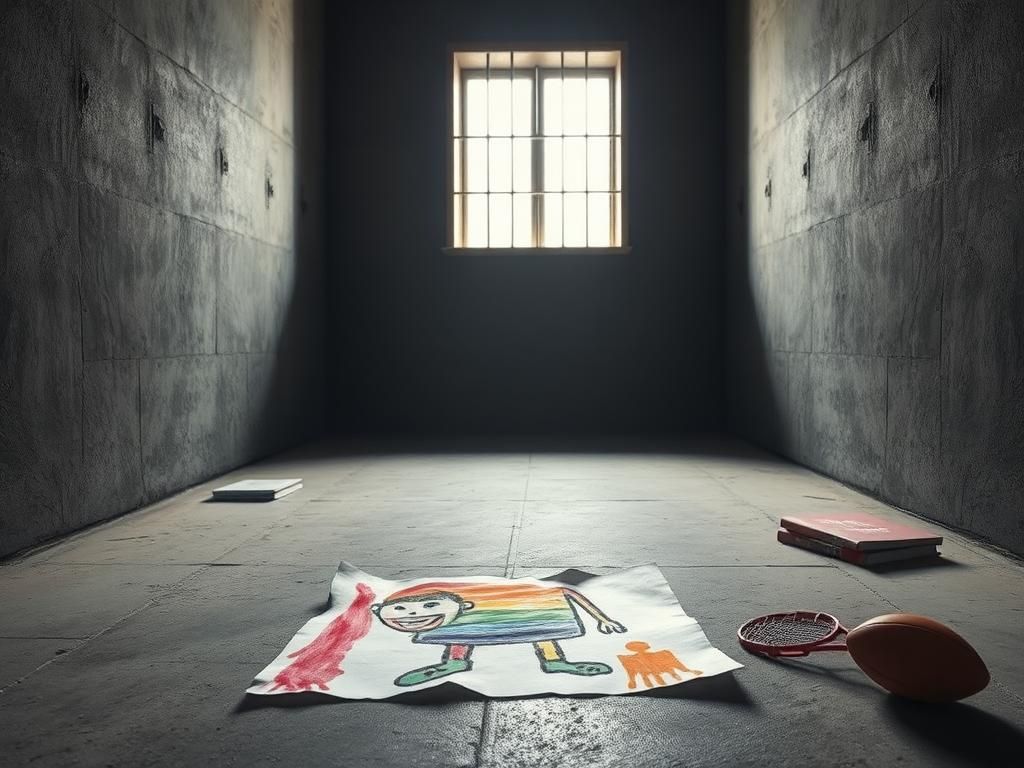 Flick International Empty prison cell symbolizing confinement with a torn children's drawing representing innocence lost