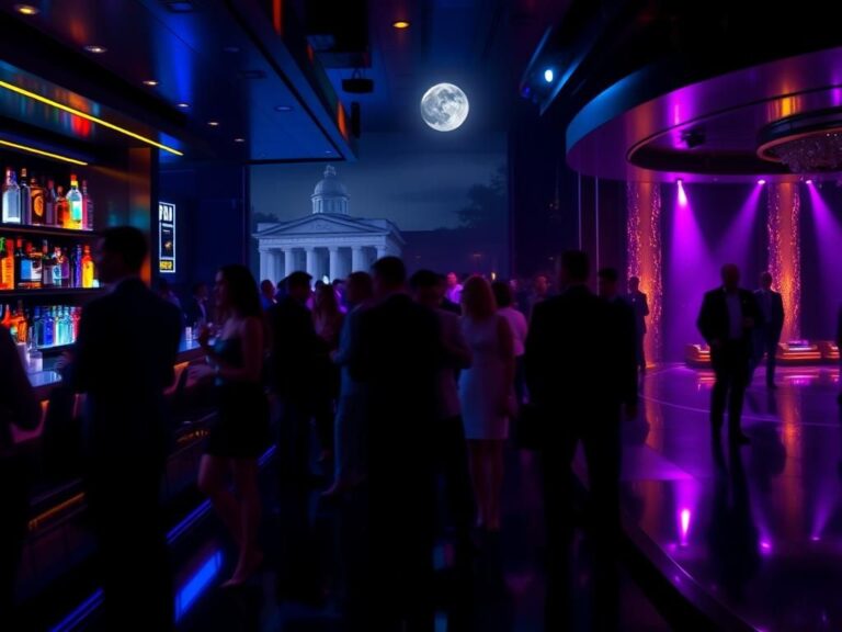 Flick International Dimly lit upscale nightclub with patrons mingling