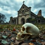 Flick International Cracked skull partially covered by moss at medieval church ruin