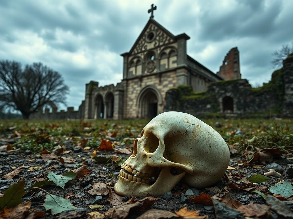 Flick International Cracked skull partially covered by moss at medieval church ruin