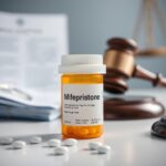 Flick International Close-up of a prescription pill bottle labeled 'Mifepristone' on a sterile white table with blurred legal documents and a gavel in the background.