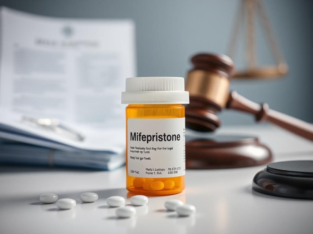 Flick International Close-up of a prescription pill bottle labeled 'Mifepristone' on a sterile white table with blurred legal documents and a gavel in the background.