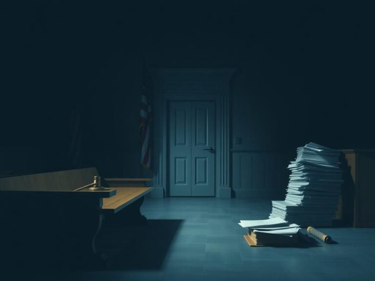 Flick International Somber courtroom interior with gavel and American flag