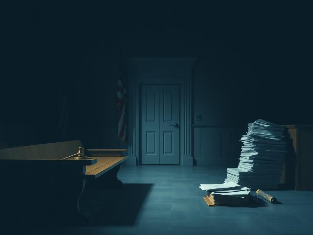 Flick International Somber courtroom interior with gavel and American flag